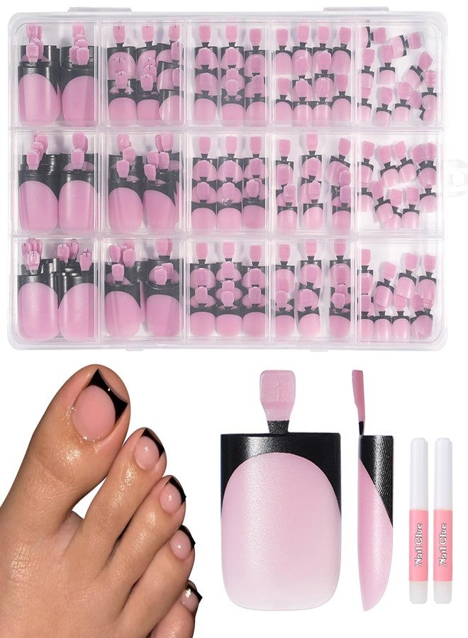 Freeorr Toe Nail Press On with 2 Nail Glue, 150pcs Square French 15 Sizes Thick Soft False Toenail Extension, Black Full Cover Acrylic for Women Nail Art DIY - Image 1